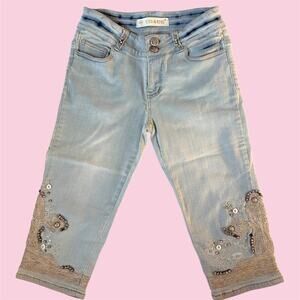 Rosa & Rose light blue denim capris with beaded floral embroidery